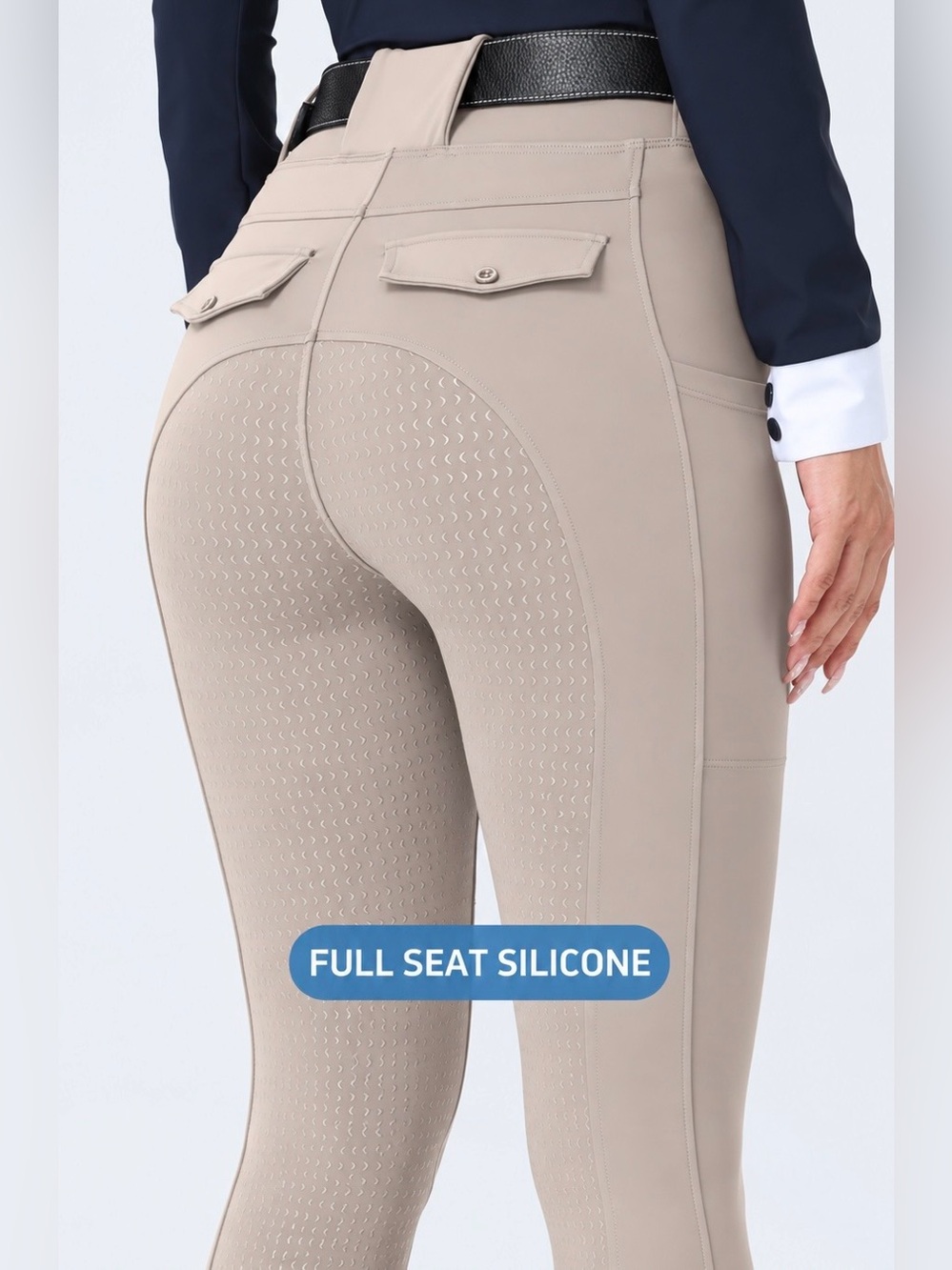 Womens 4 Way Stretch Silicone Full Seat Phone Pocket Pull On Breeches Beige
